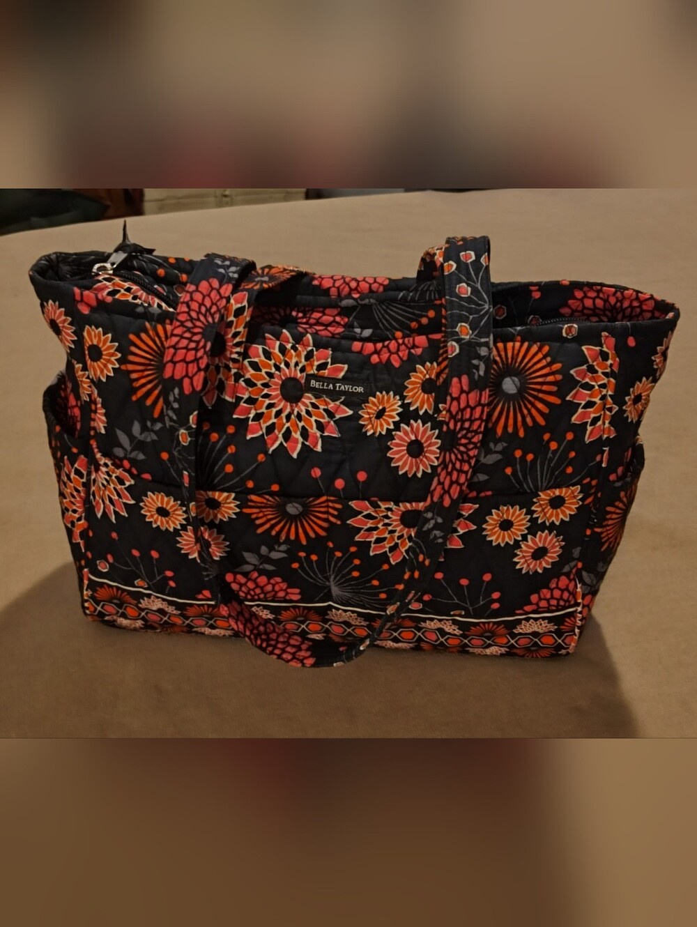 Quilted Floral Tote Bag - Black with Orange & Pink Flowers